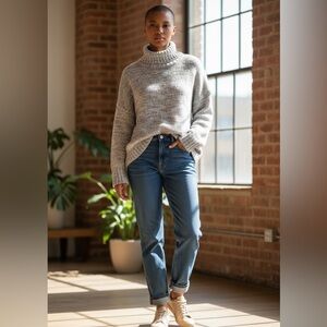 Pure J. Jill Chunky Knit Sweater Size L Oatmeal Gray Oversized Marled, Mock Neck